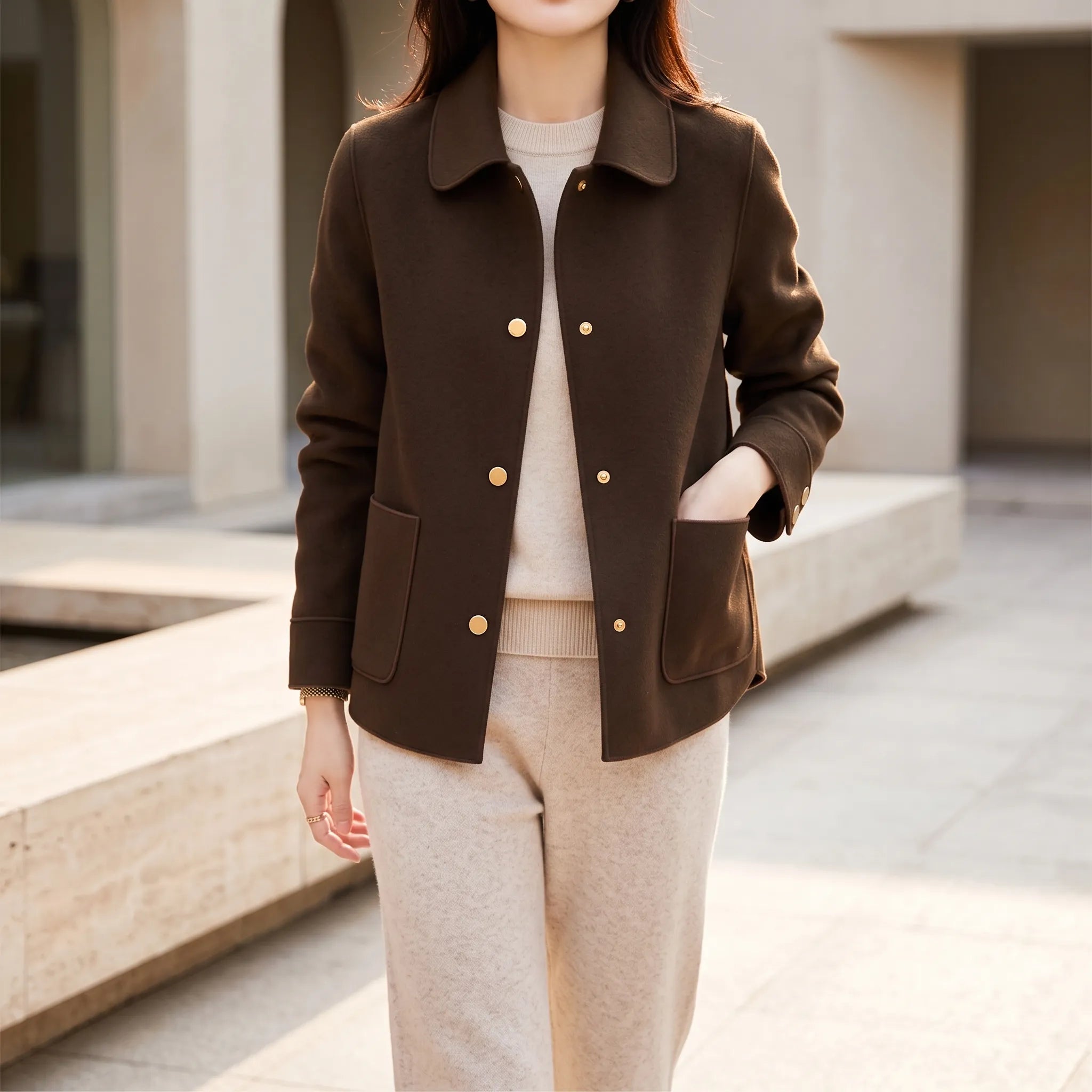 Short Coat - For Women - Button Front - Lapel Collar - Relaxed Fit