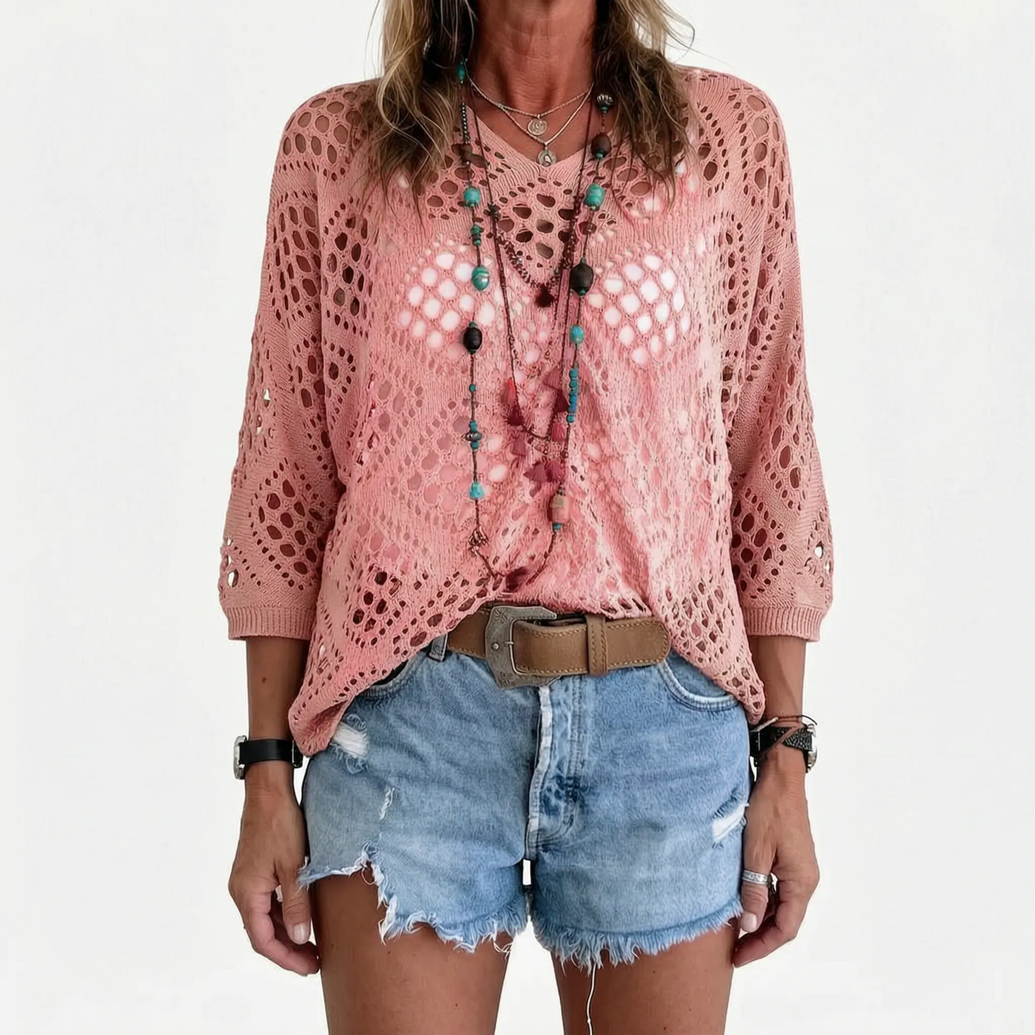 Breezlyn - Open-Knit Geometric Summer Top