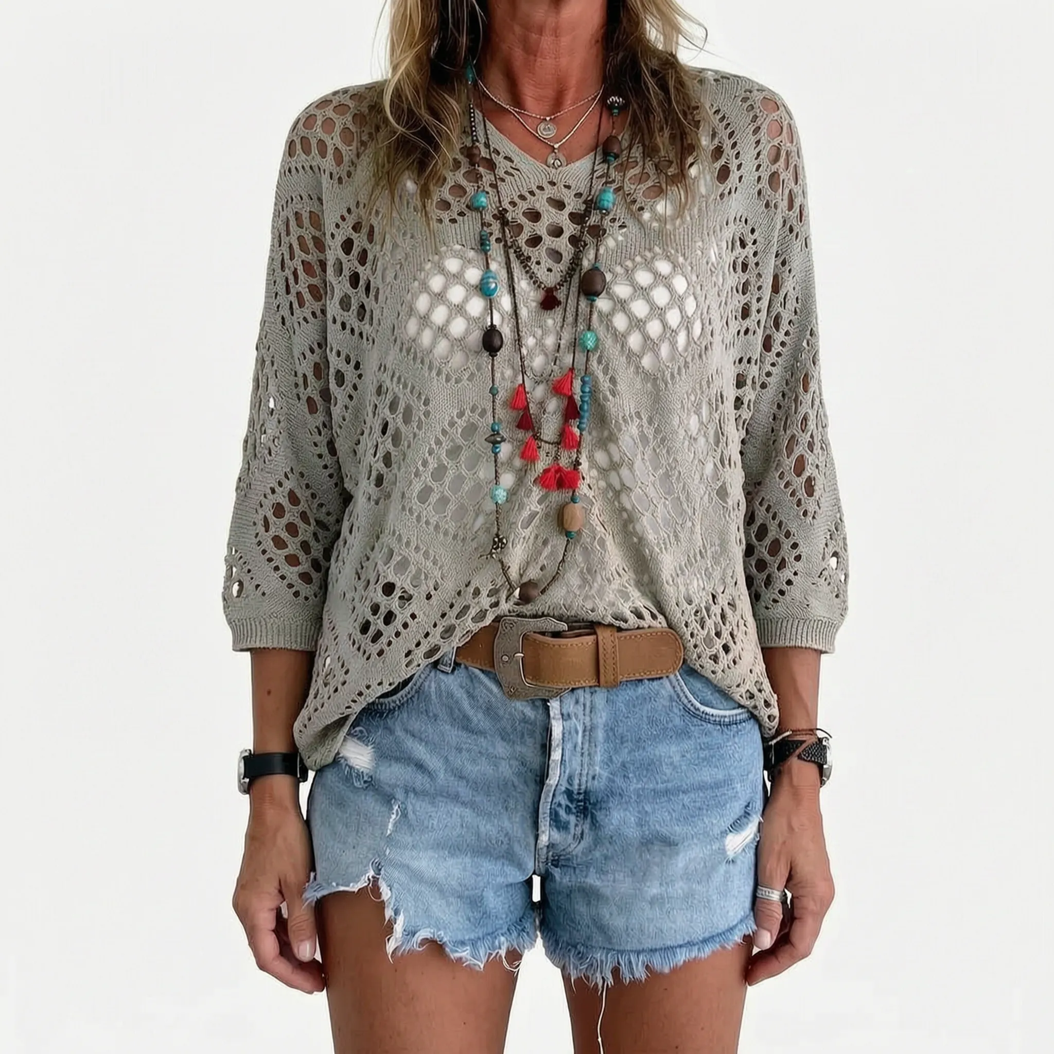 Breezlyn - Open-Knit Geometric Summer Top