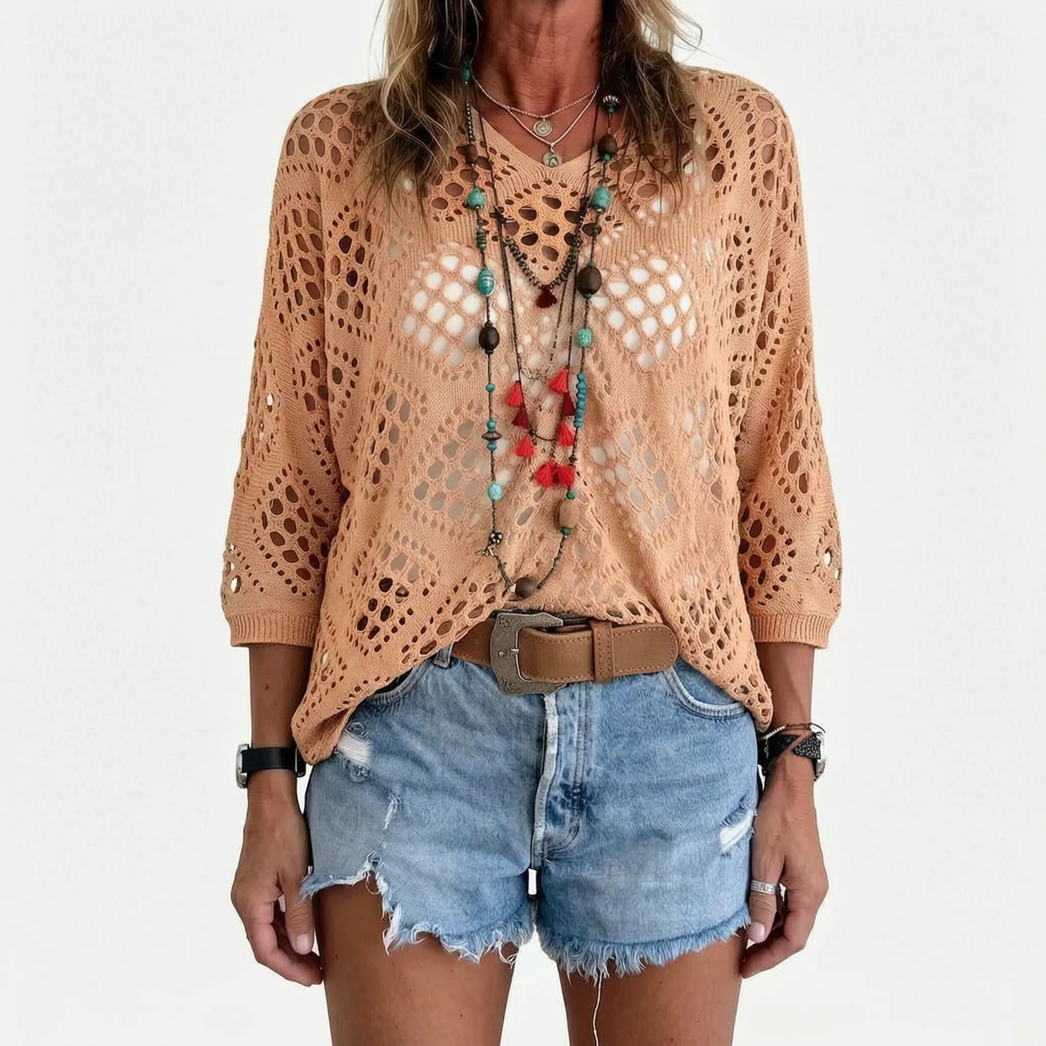 Breezlyn - Open-Knit Geometric Summer Top