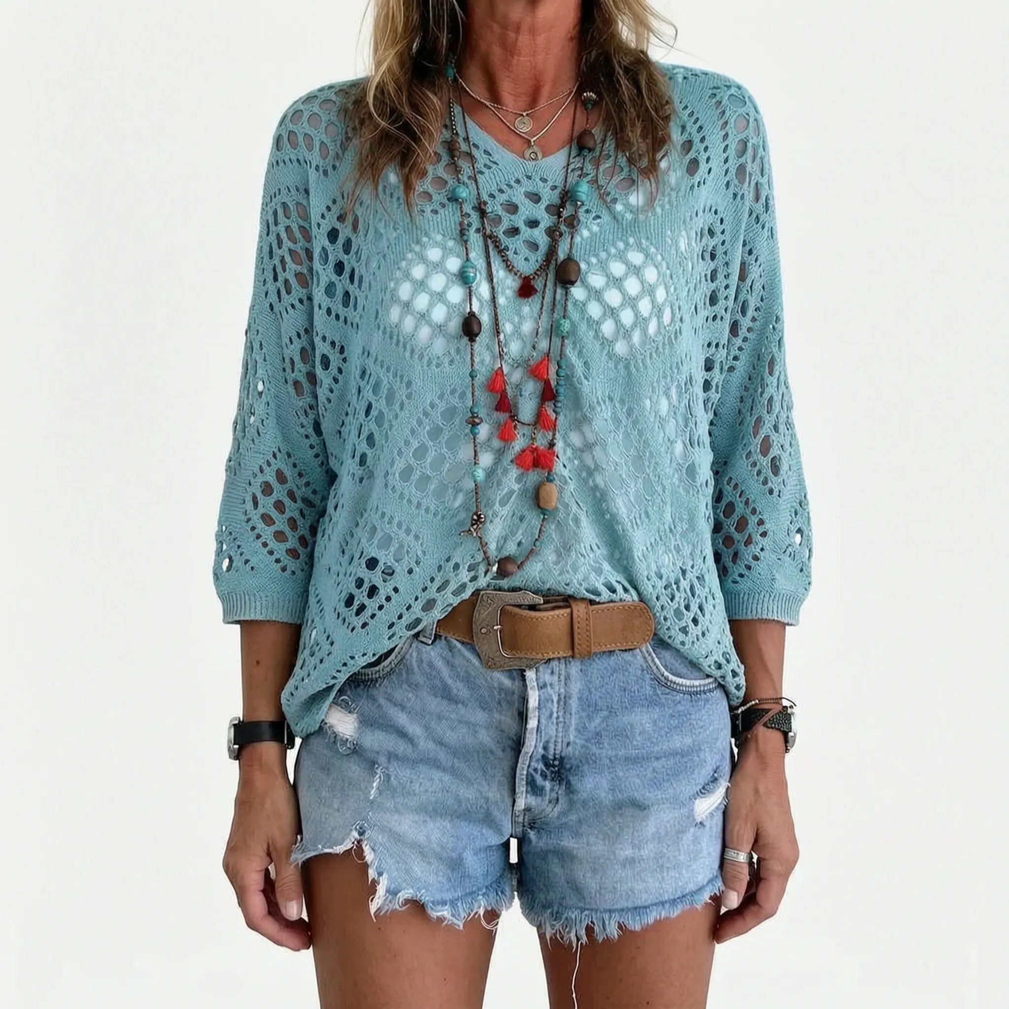 Breezlyn - Open-Knit Geometric Summer Top