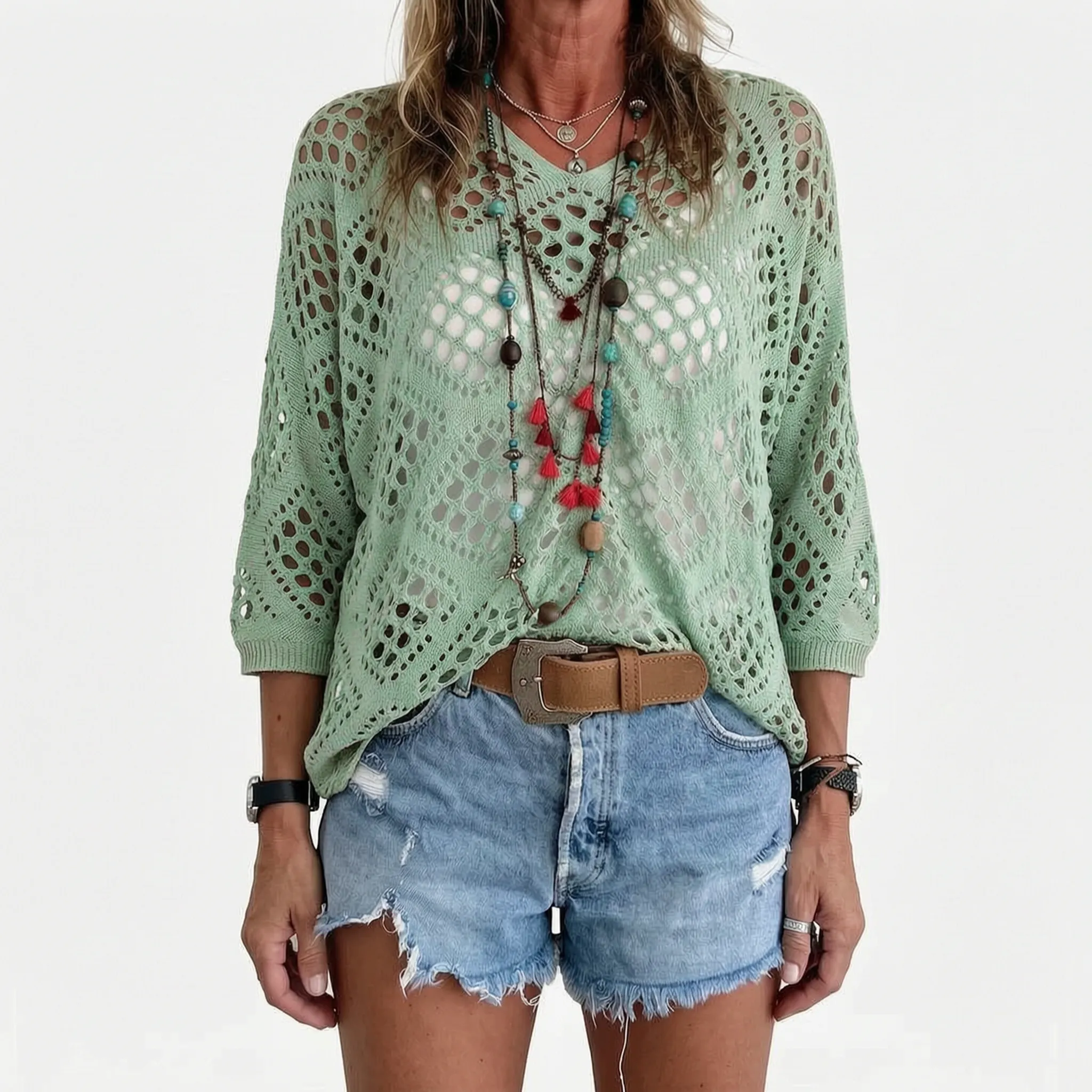 Breezlyn - Open-Knit Geometric Summer Top