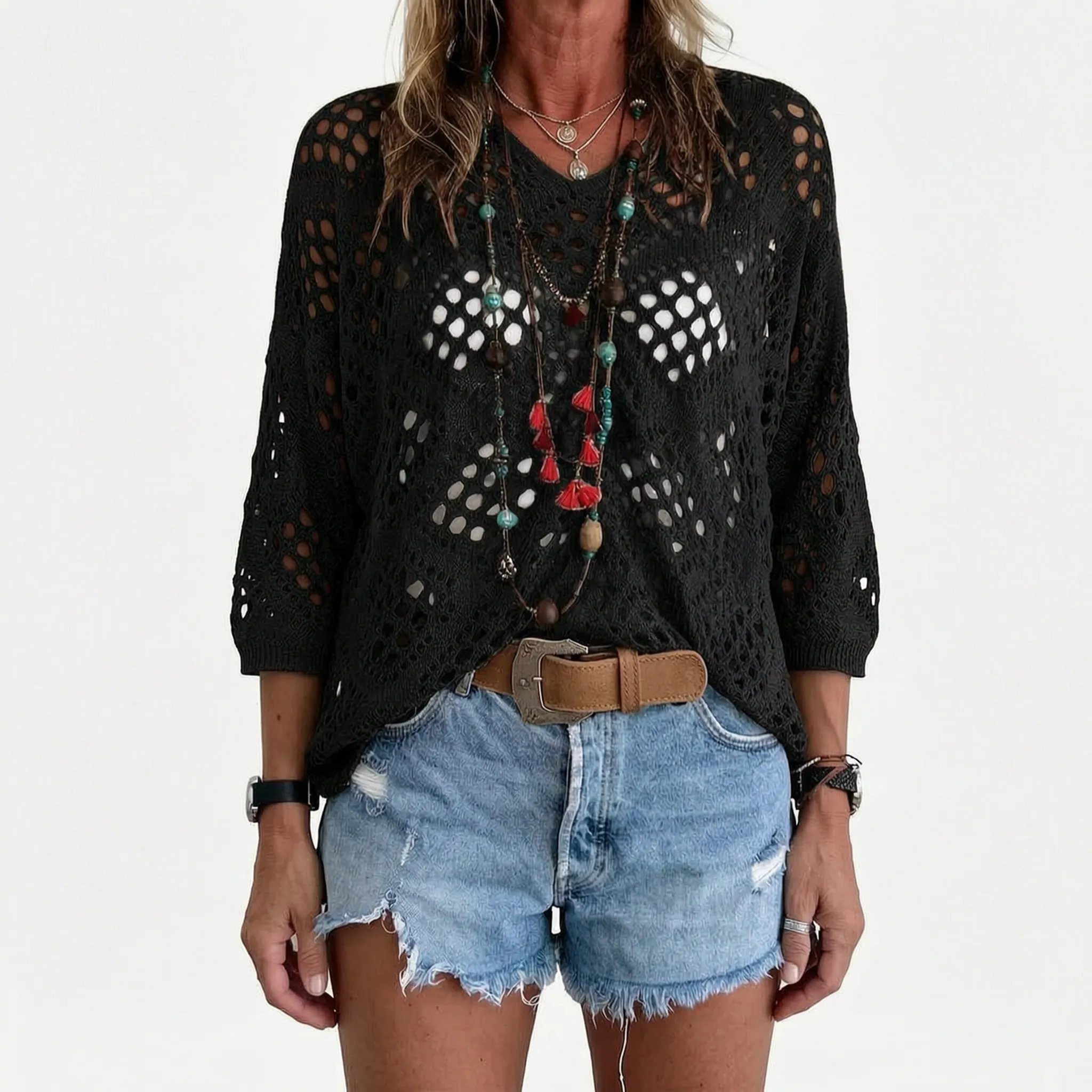 Breezlyn - Open-Knit Geometric Summer Top