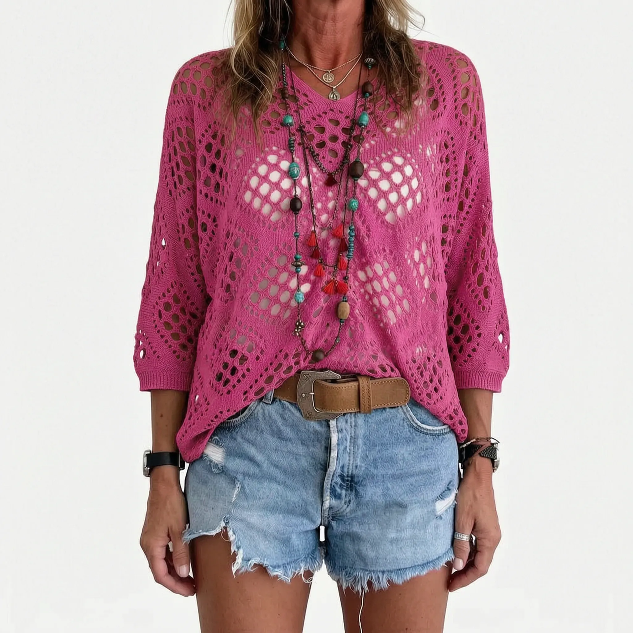 Breezlyn - Open-Knit Geometric Summer Top