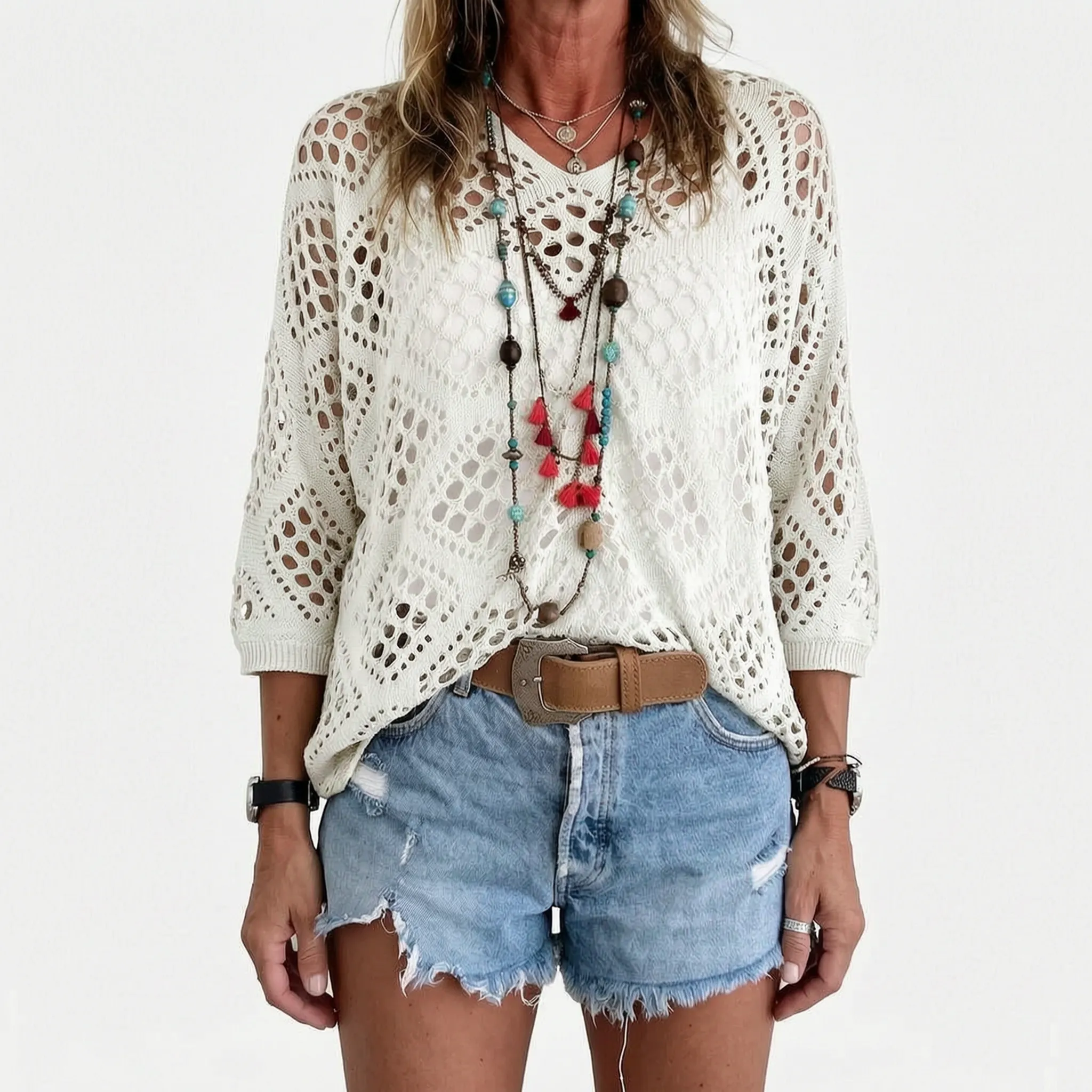 Breezlyn - Open-Knit Geometric Summer Top