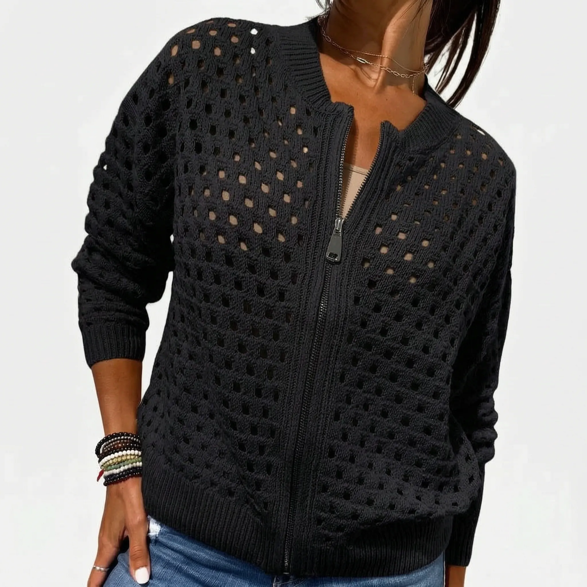 Knitara - Open-Knit Zip-Up Casual Cardigan