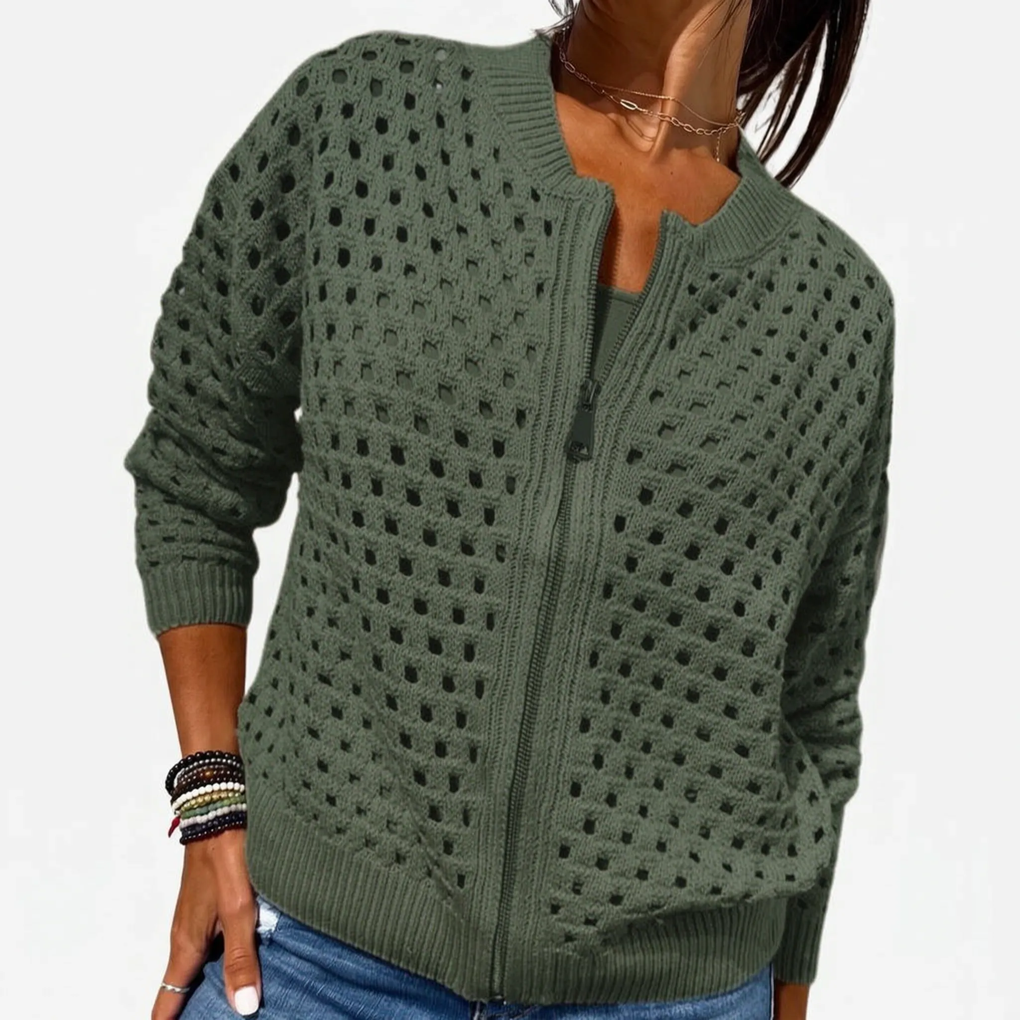 Knitara - Open-Knit Zip-Up Casual Cardigan