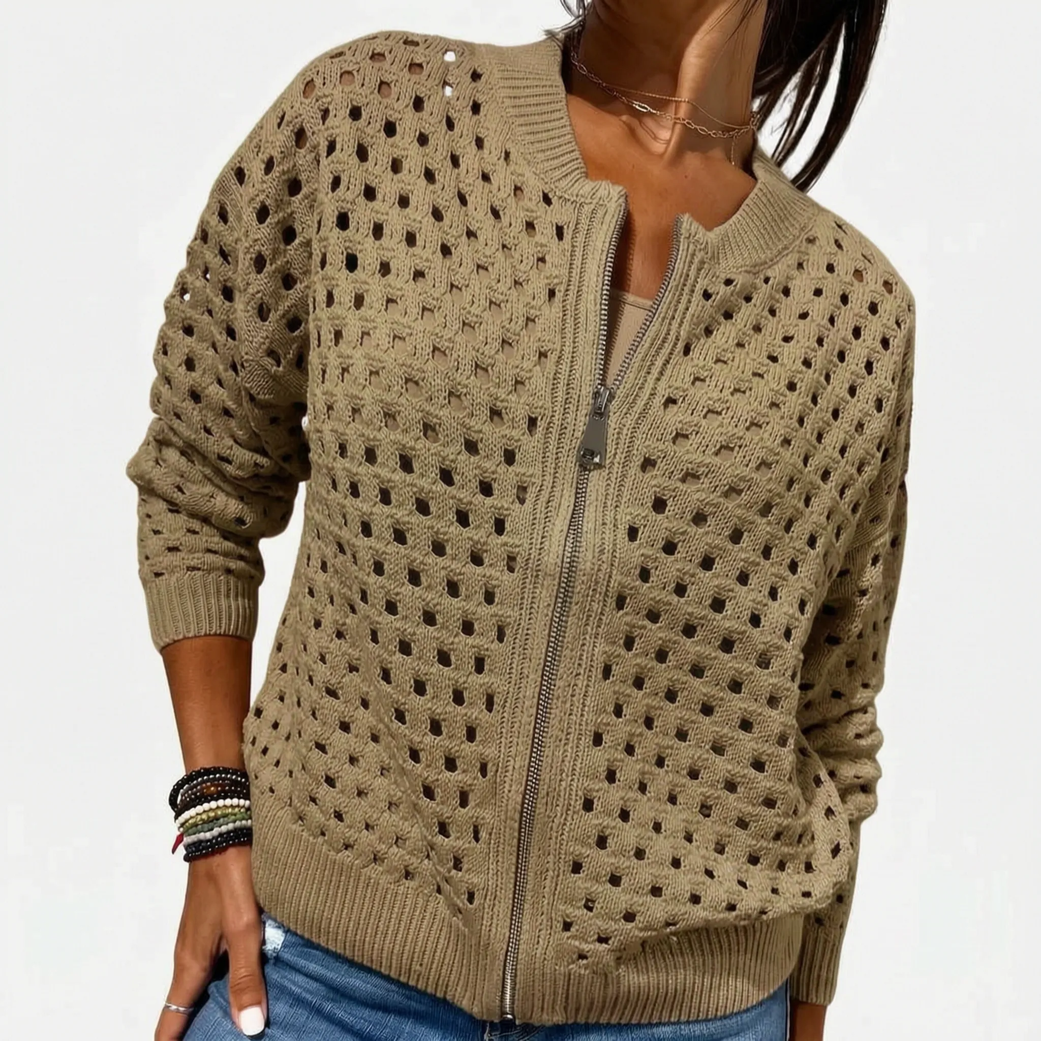 Knitara - Open-Knit Zip-Up Casual Cardigan
