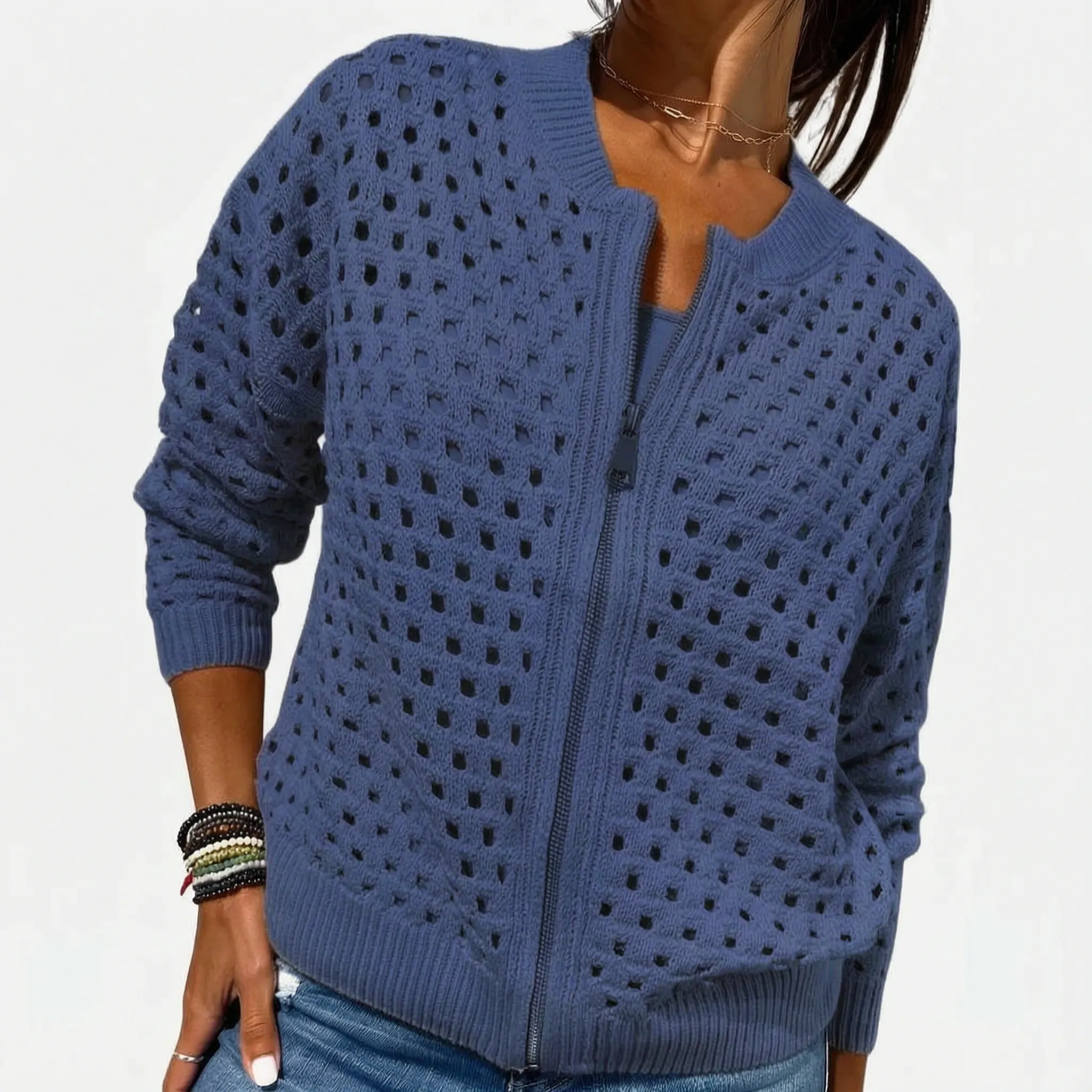 Knitara - Open-Knit Zip-Up Casual Cardigan