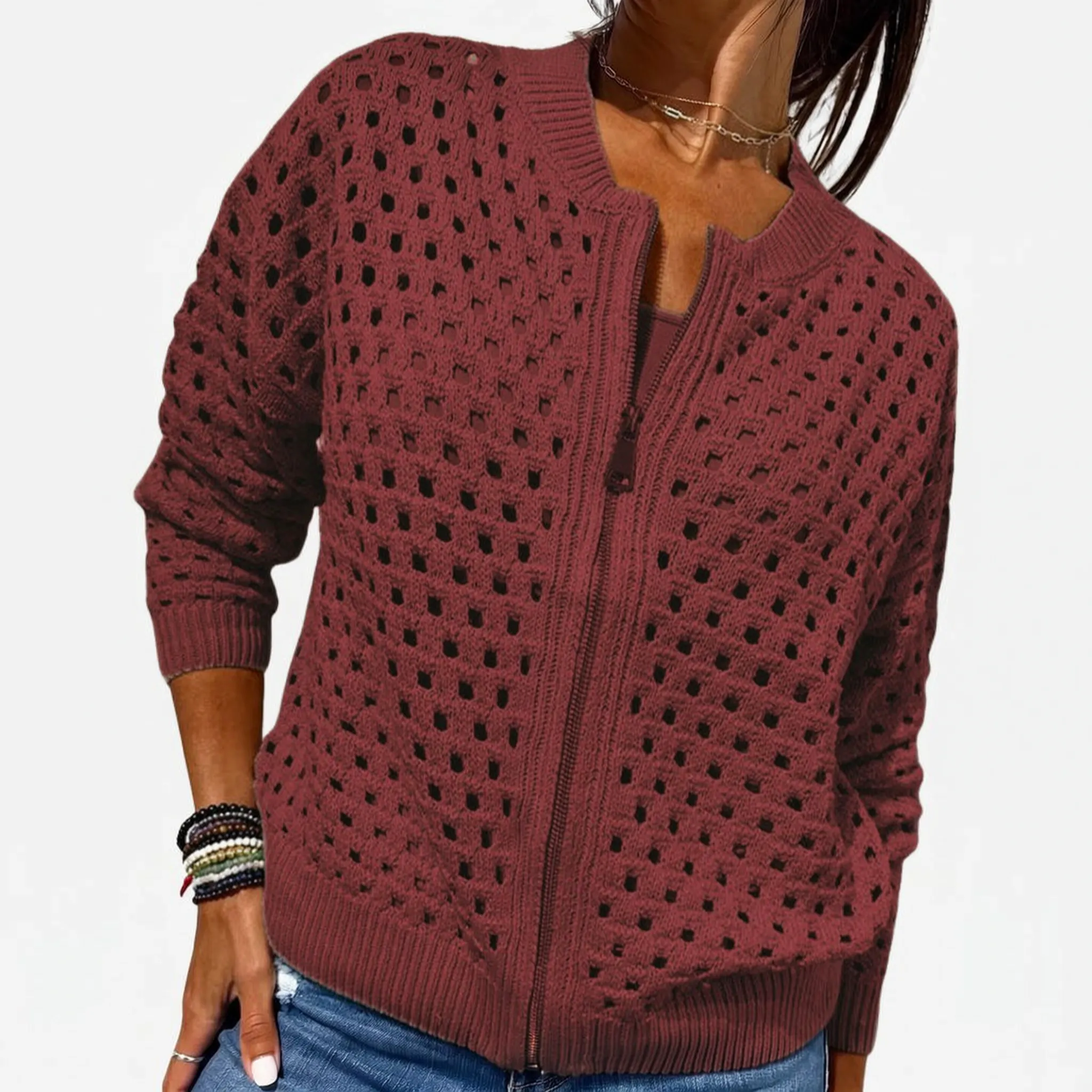 Knitara - Open-Knit Zip-Up Casual Cardigan