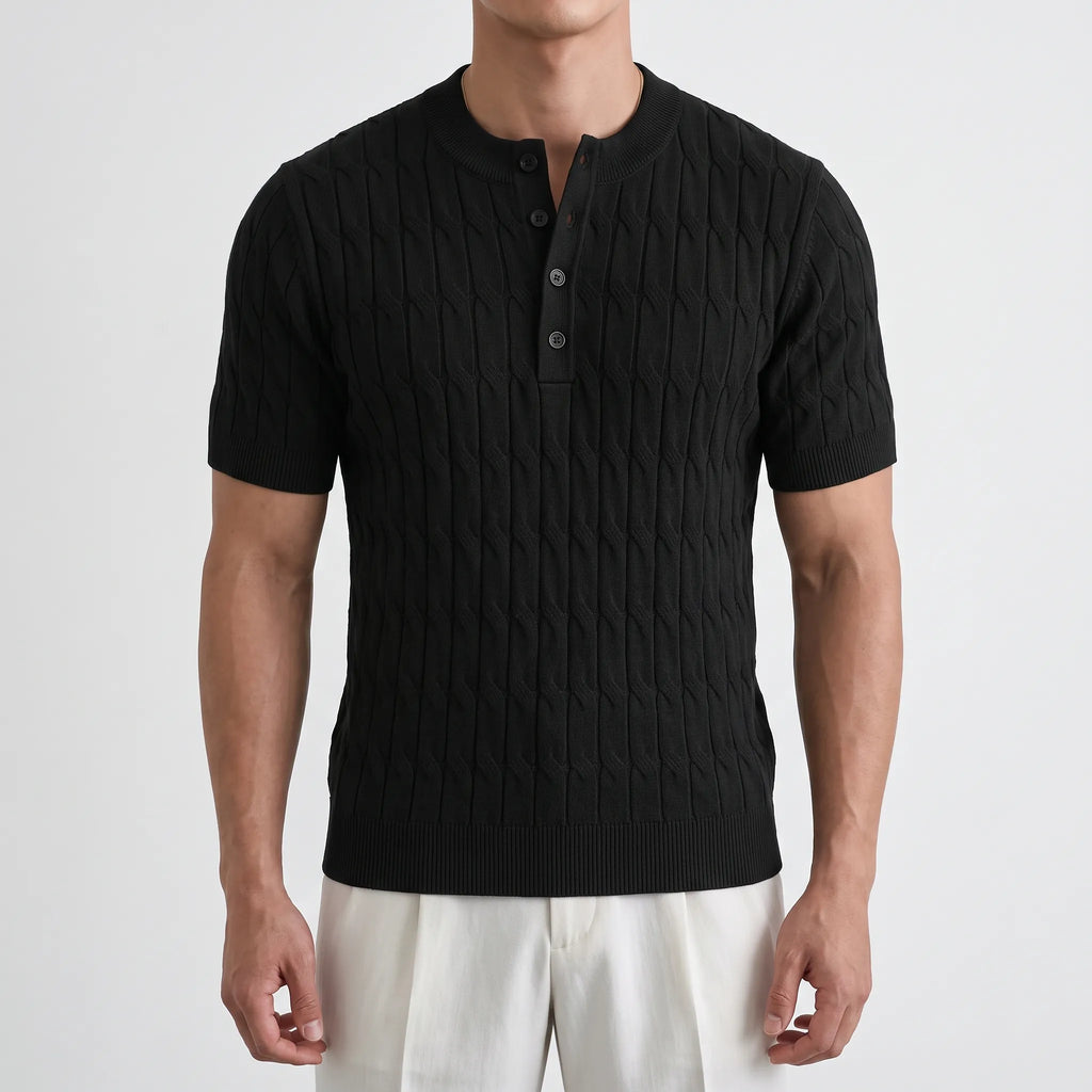 Knitare - Short-Sleeved Textured Henley Shirt