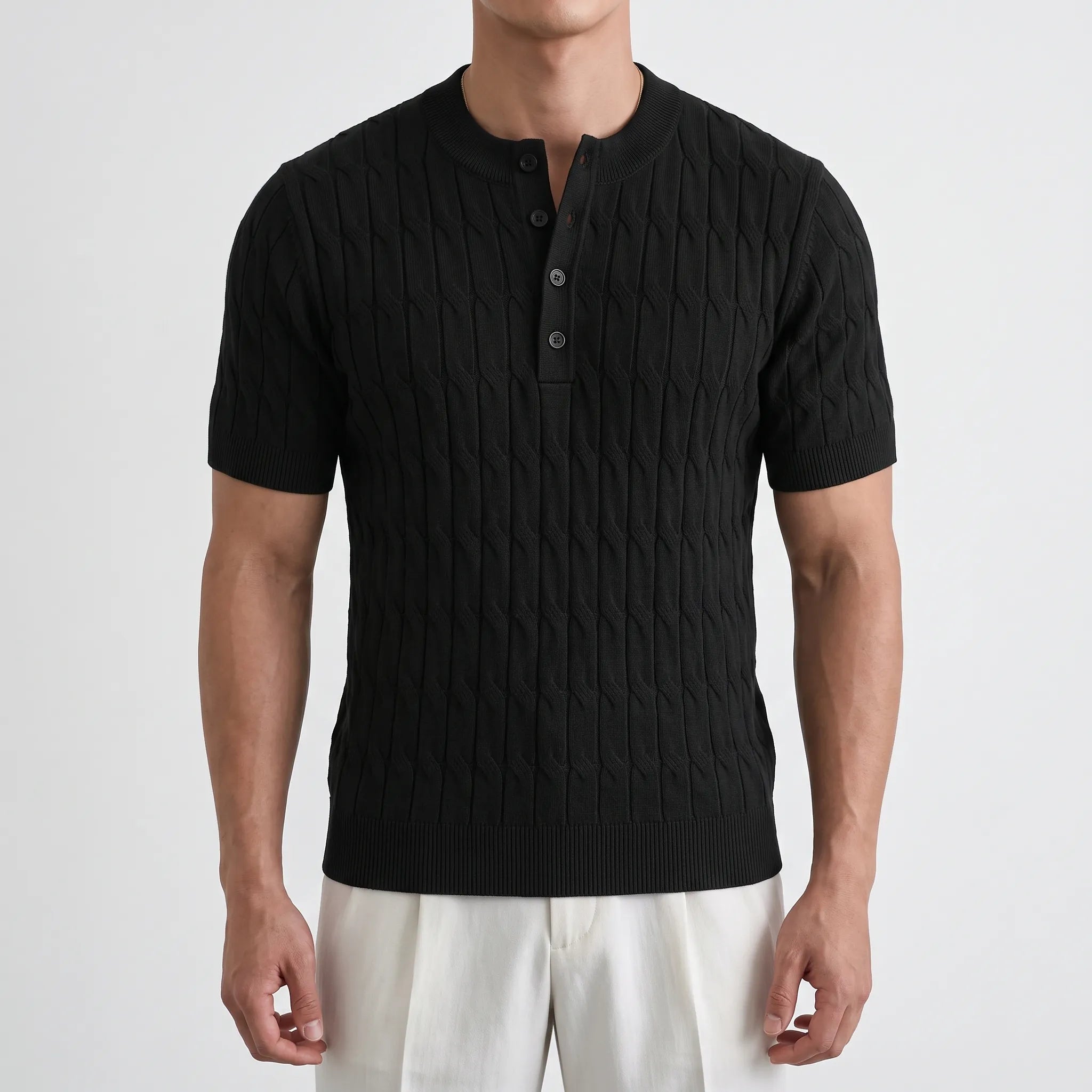 Knitare - Short-Sleeved Textured Henley Shirt