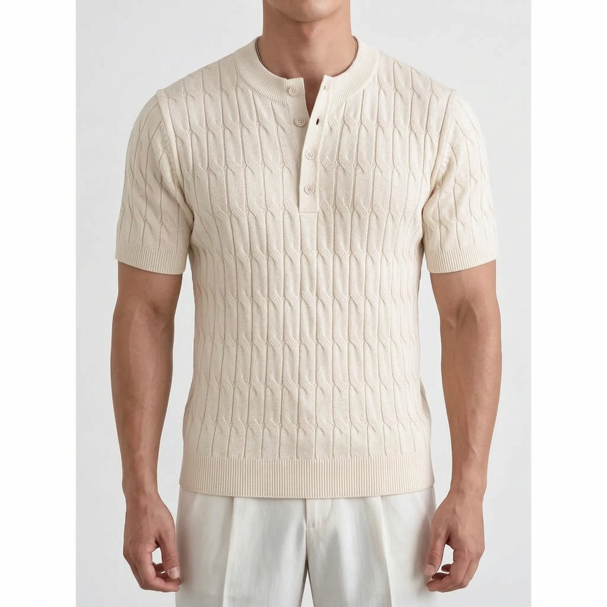 Knitare - Short-Sleeved Textured Henley Shirt