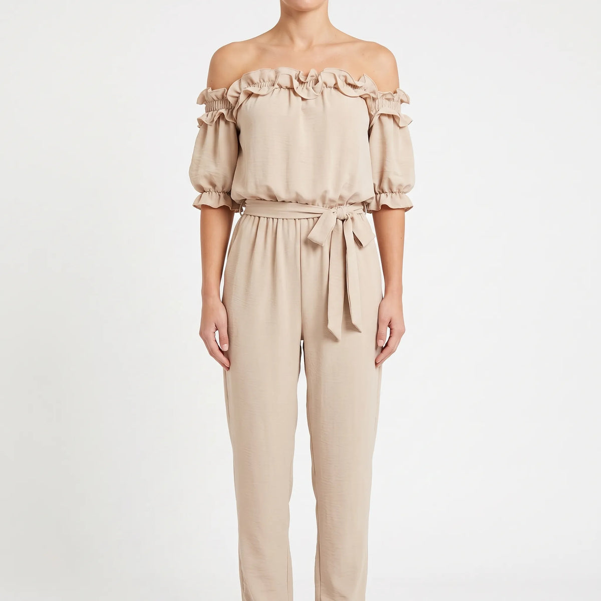 Off-Shoulder Jumpsuit - For Women - Tie-Waist - Frill Trim - Side 