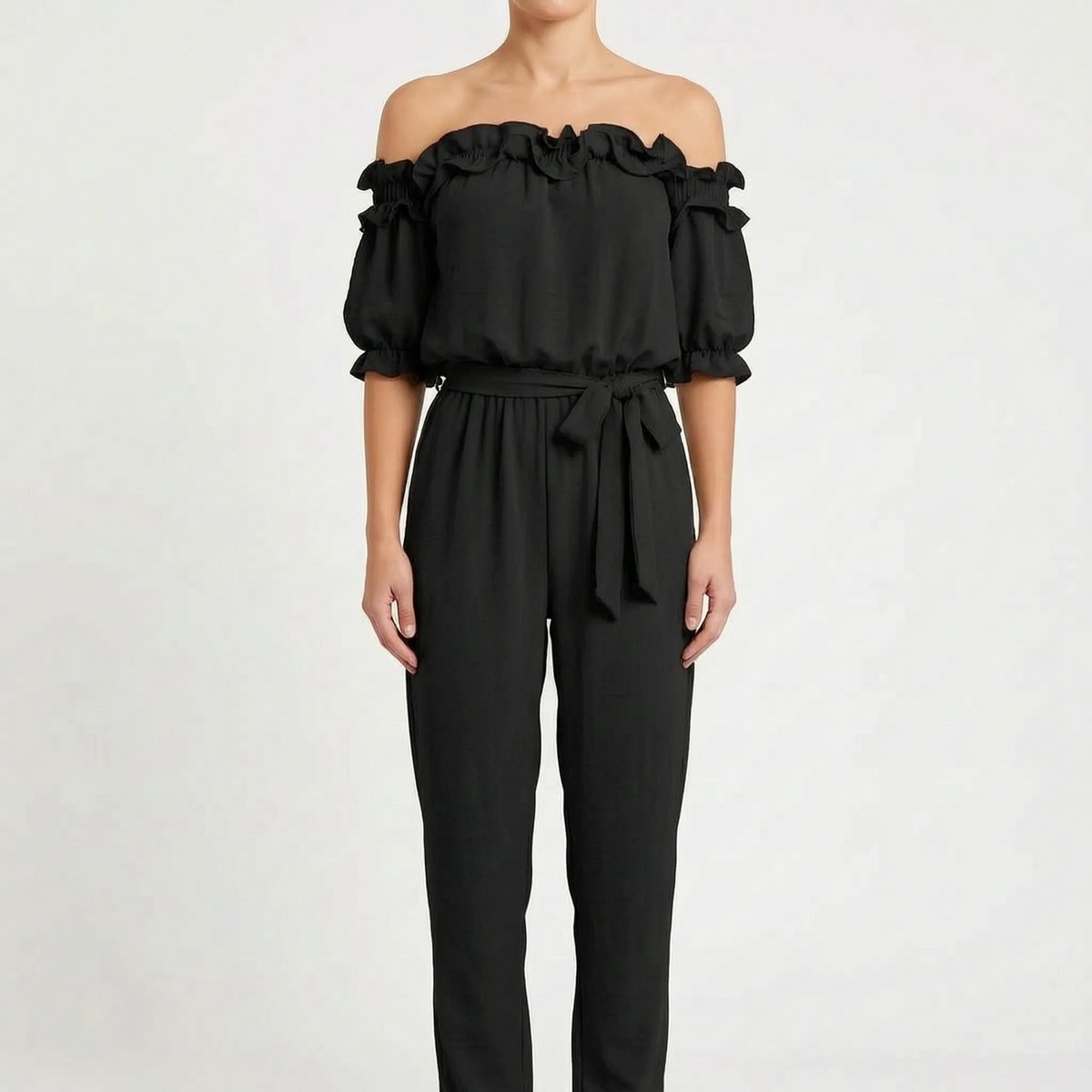 Off-Shoulder Jumpsuit - For Women - Tie-Waist - Frill Trim - Side 