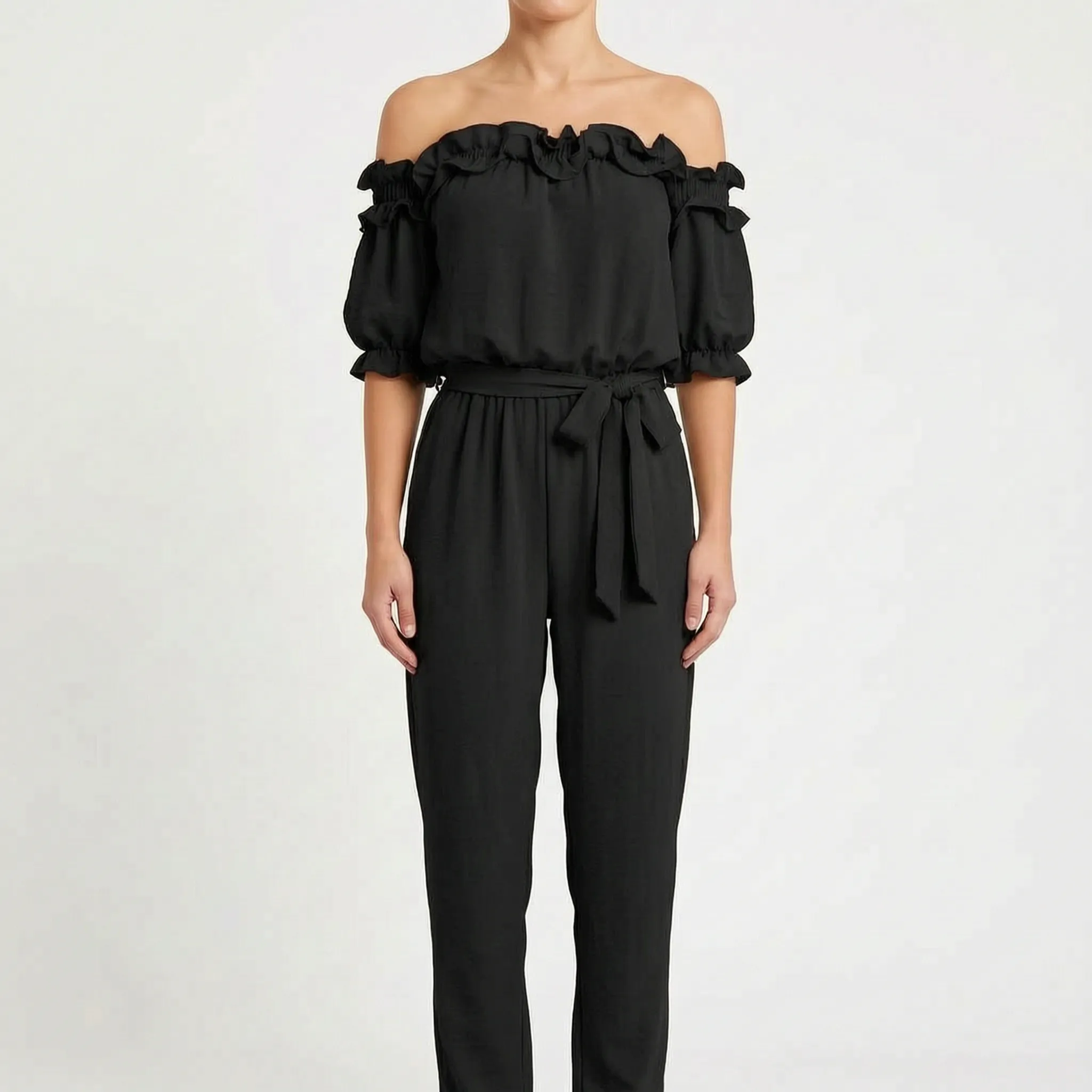 Oceana - Off-Shoulder Ruffle Neckline Jumpsuit