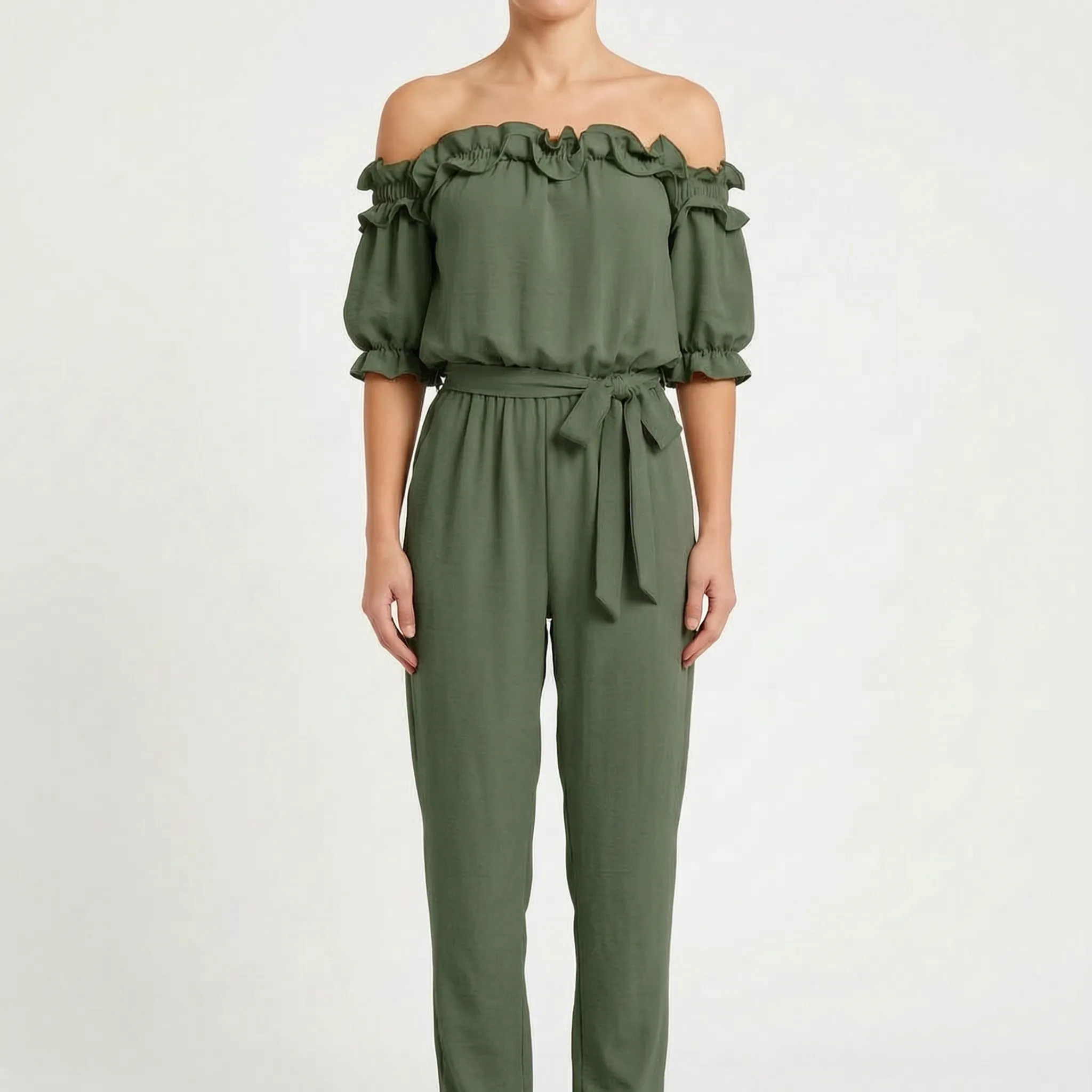 Oceana - Off-Shoulder Ruffle Neckline Jumpsuit