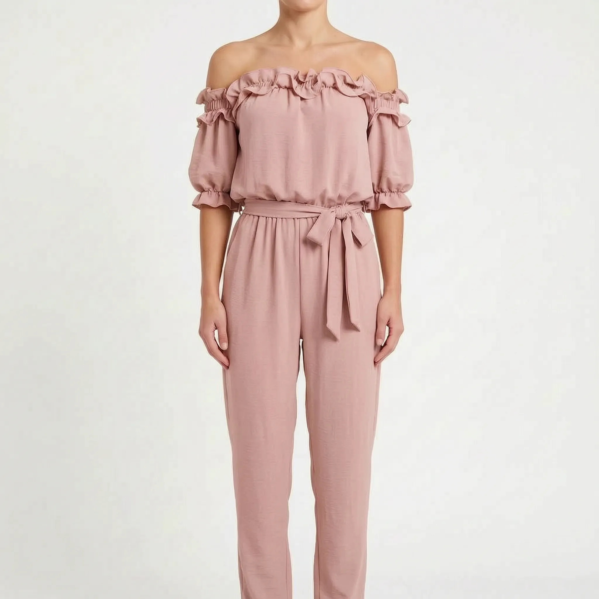 Oceana - Off-Shoulder Ruffle Neckline Jumpsuit