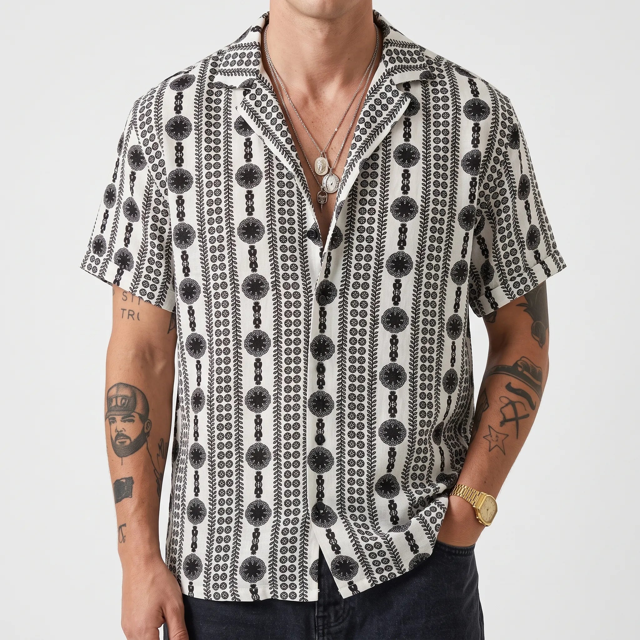 Zelato - Short-Sleeved Geometric Pattern Shirt